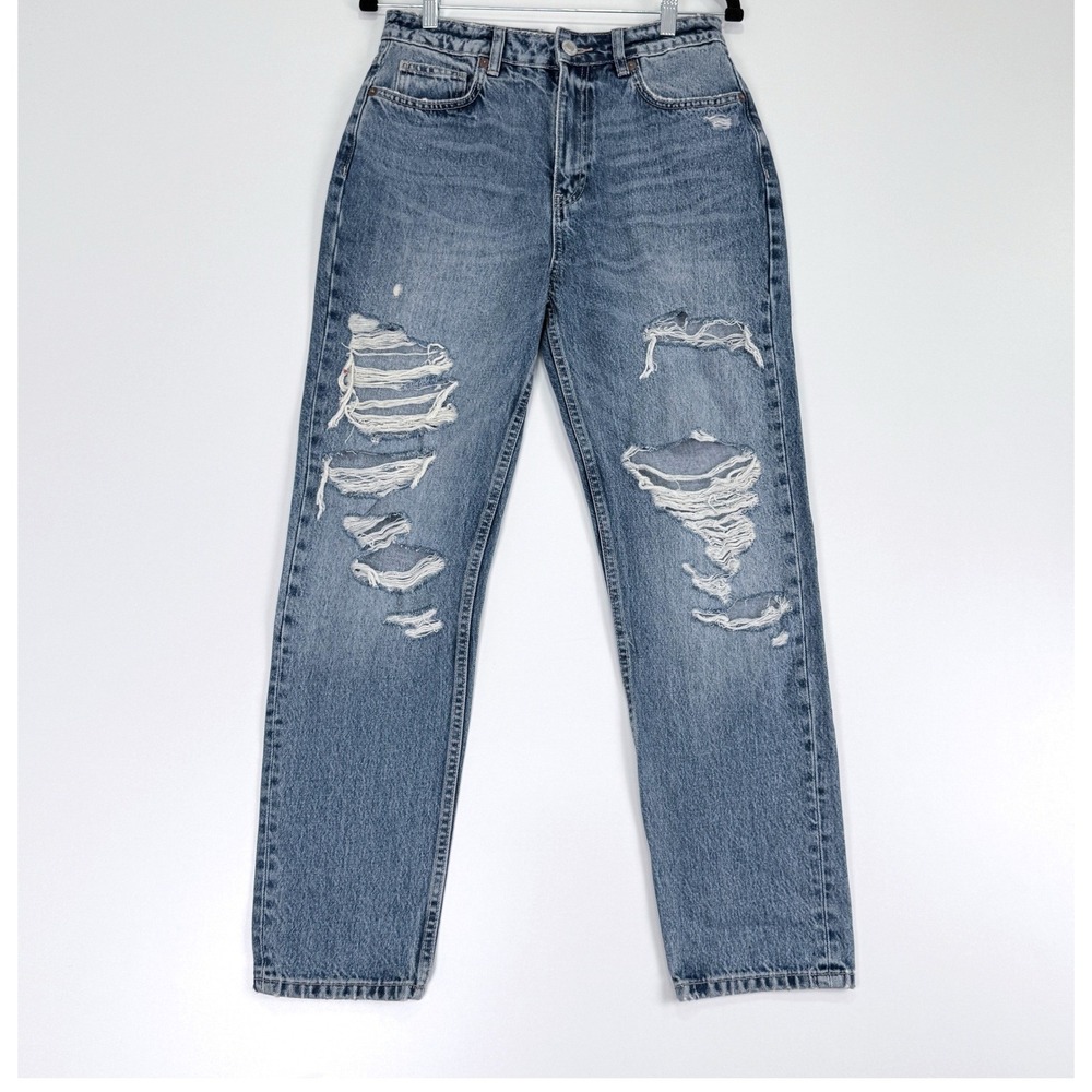 Zara Jeans Womens 6 Blue Distressed Ripped High Rise Mom Straight Leg Denim